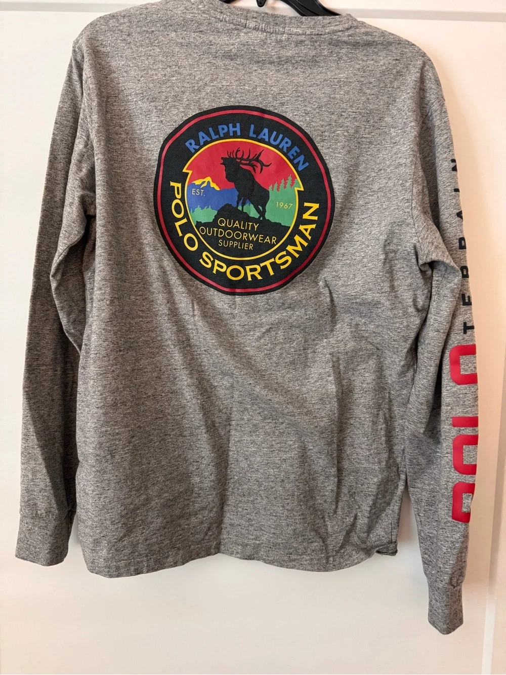 Polo Ralph Lauren Gray Crewneck T Shirt with Red Sleeve Graphics Size M